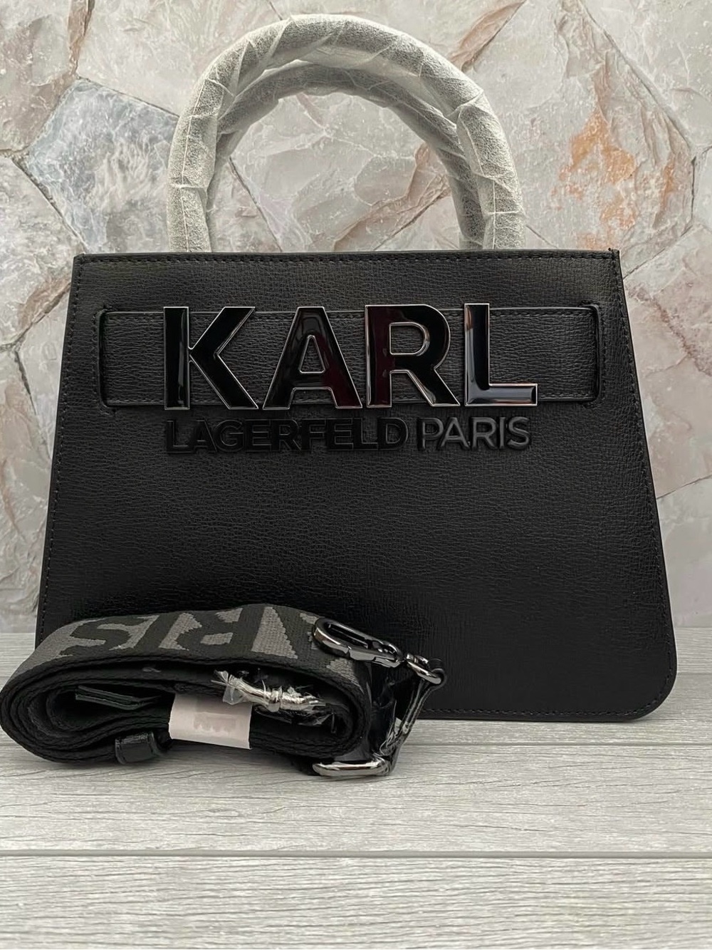 Karl Lagerfeld Black Simon Embossed Logo Harlow Leather Top-Handle Satchel - Picture 2 of 6